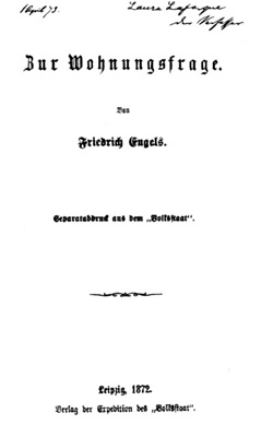 Coperta ediţiei separate a lucrării "Contribuţii la problema locuinţelor" de Friedrich Engels, secţiunea I, 1872