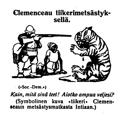 Clemenceau tiikerinmetsästyksellä.