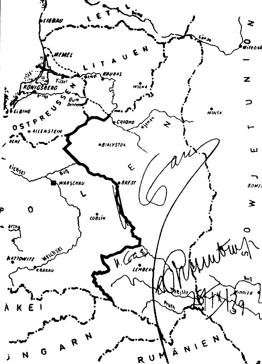 mapa anexo ao pacto - Авторство: Неизвестен. This photo of the document was made in 1946 by the defence of von Ribbentrop and Hermann Göring in the Nuremberg Trials in 1946., Общественное достояние, https://commons.wikimedia.org/w/index.php?curid=1396891
